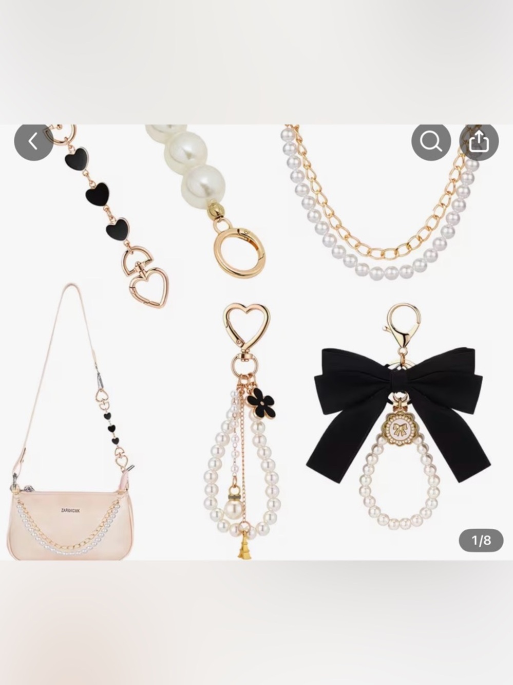 Purse Charm Set Gold Pearl Bag Chain Keychain Bow Heart Accessories Clip On Bag